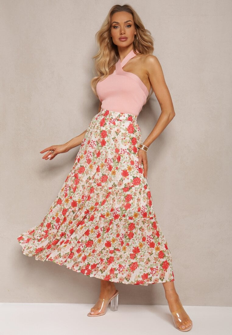 Biała Kwiecista Spódnica z Gumką w Pasie i Falbankami Qeritellia