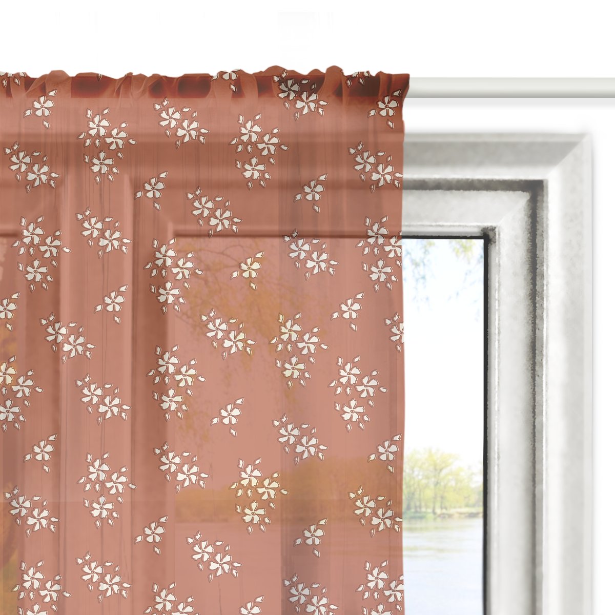 Firana SUMMER wzór SM34 | drobne kwiatki na czerwonym tle 140 x 240 cm