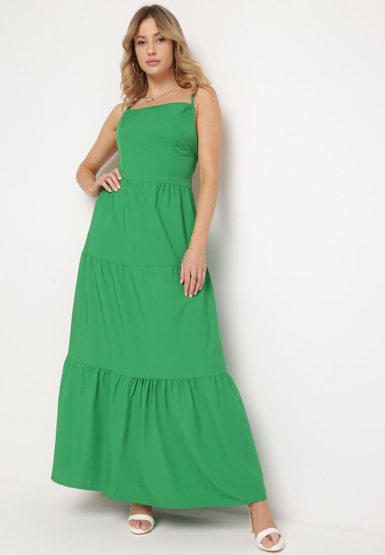 Zielona Rozkloszowana Sukienka na Ramiączkach Zawiązywana z Tyłu z Elastyczną Gumką w Talii Grililena