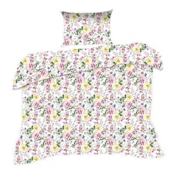 Extrapościel Pościel bawełniana 140x200 1139N biała łąka kwiatki liście Classic E24
