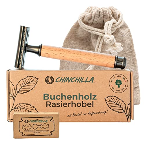 Chinchilla® Maszynka do golenia z drewna bukowego Made in Germany | zrównoważona golarka na mokro dla kobiet i mężczyzn | w zestawie 10 ostrzy i woreczków | Zero Waste i bez plastiku
