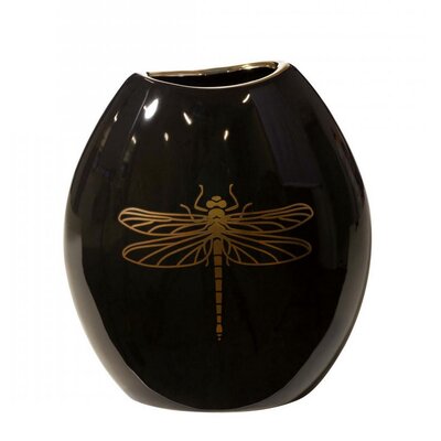 Czarny wazon ceramiczny złoty nadruk ważki 16 cm
