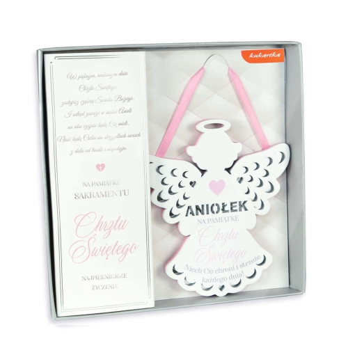 ZAWIESZKA ANIOŁ CHRZEST BIAŁO-RÓŻOWA 14cm