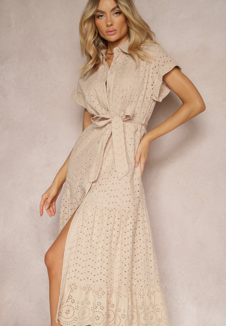Beżowa Koszulowa Sukienka z Ażurowej Bawełny Wiązana w Talii Lulilena