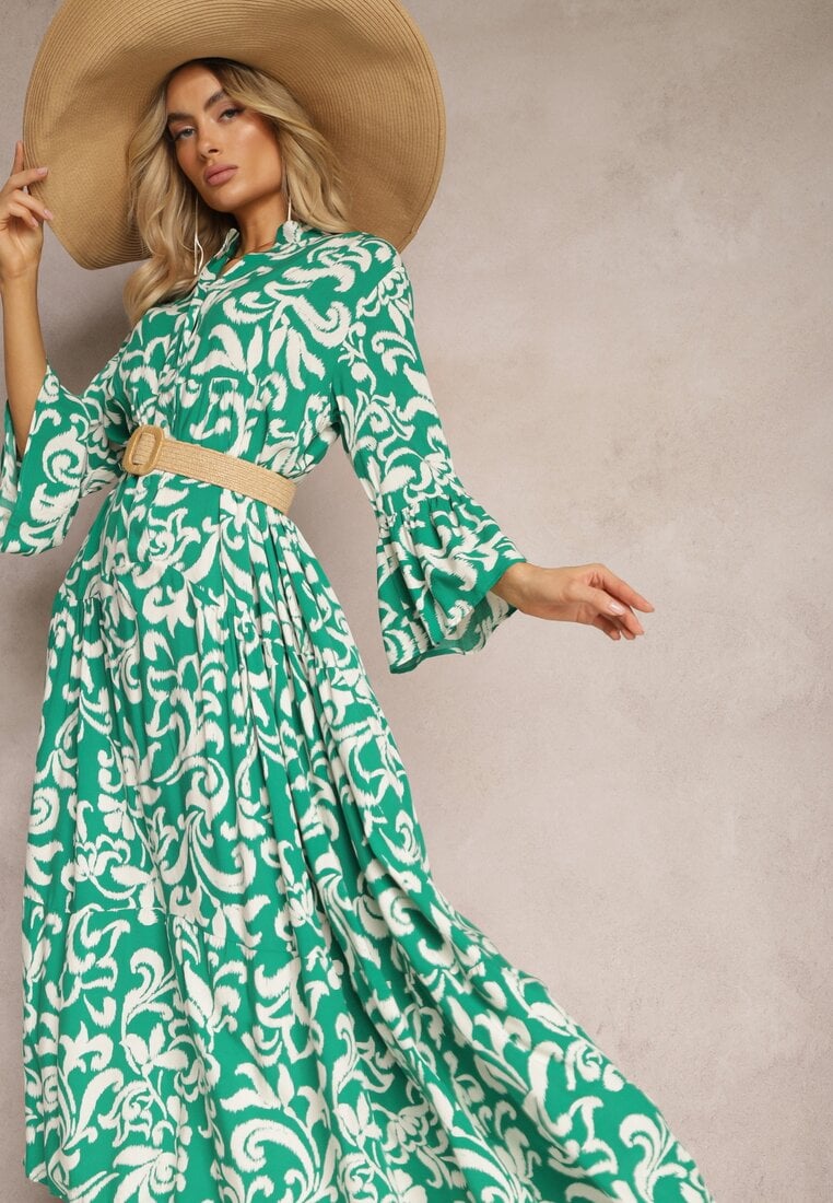 Jasnoniebieska Rozkloszowana Sukienka z Wiskozy w Ornamentalny Wzór Irlilena