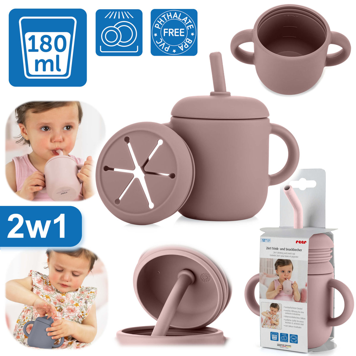 top Kubek silikonowy niewysypek ze słomką pokrywką na przekąski 2w1 180ml REER