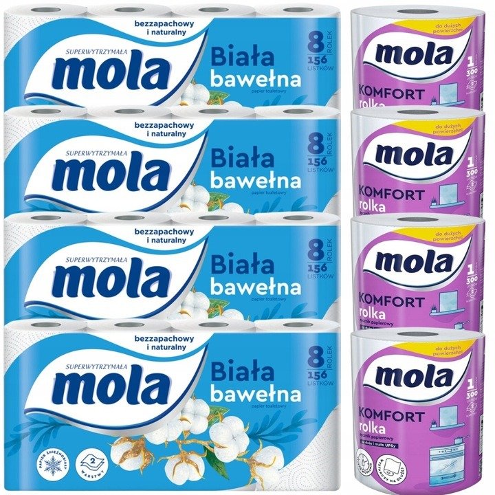 Papier toaletowy Mola White (8 rolek) x 4 opakowania + Ręcznik papierowy Mola Komfort 4 sztuki