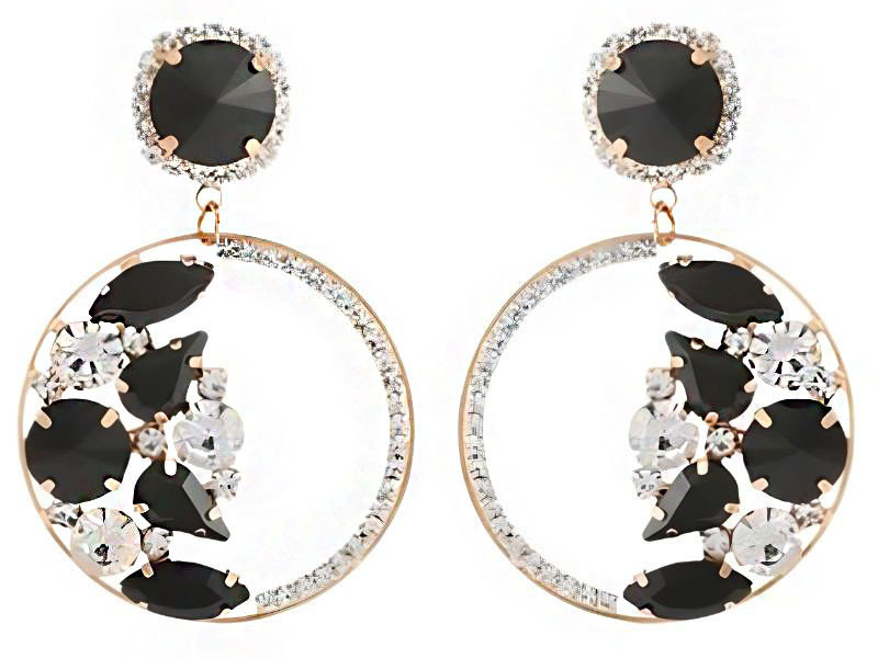 Kolczyki wiszące ringi z białymi i czarnymi cyrkoniami na sztyft bogate zdobienie