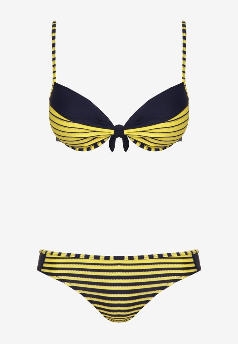Żółte Bikini 2-Częściowe w Paski Biustonosz na Cienkich Ramiączkach i Majtki Figi Catara