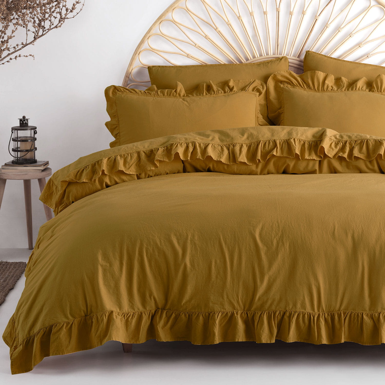 Pościel 160x200 bawełniana z falbanami Ecru Olive w pudełku