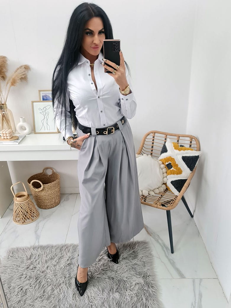 WIZYTOWE SPODNIE MATERIAŁOWE VERBENA Z SZEROKĄ NOGAWKĄ I PASKIEM KULOTY - SZARE - MODA ITALIA