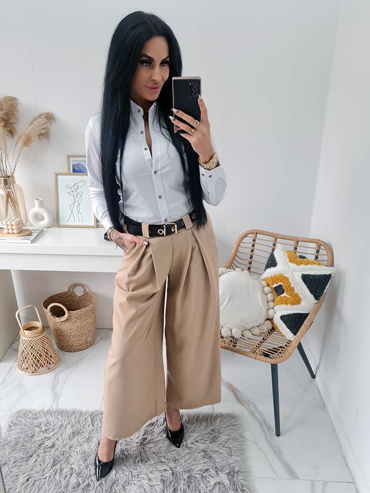 WIZYTOWE SPODNIE MATERIAŁOWE VERBENA Z SZEROKĄ NOGAWKĄ I PASKIEM KULOTY - CAMEL - MODA ITALIA