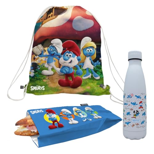 NERTHUS Przygodowy zestaw smerfów: butelka ze stali nierdzewnej o podwójnych ściankach 500 ml, torba na przekąski i plecak z ekskluzywnym wzorem smerfów – idealna na podróże i przygody.