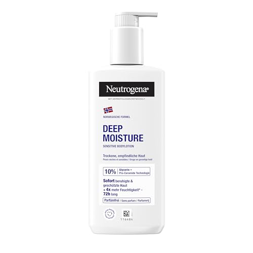 Neutrogena Norweska formuła Deep Moisture Sensitive balsam do ciała (250 ml) do suchej i wrażliwej skóry, pielęgnujący balsam do ciała z 10% gliceryną + technologia Pro-Ceramide