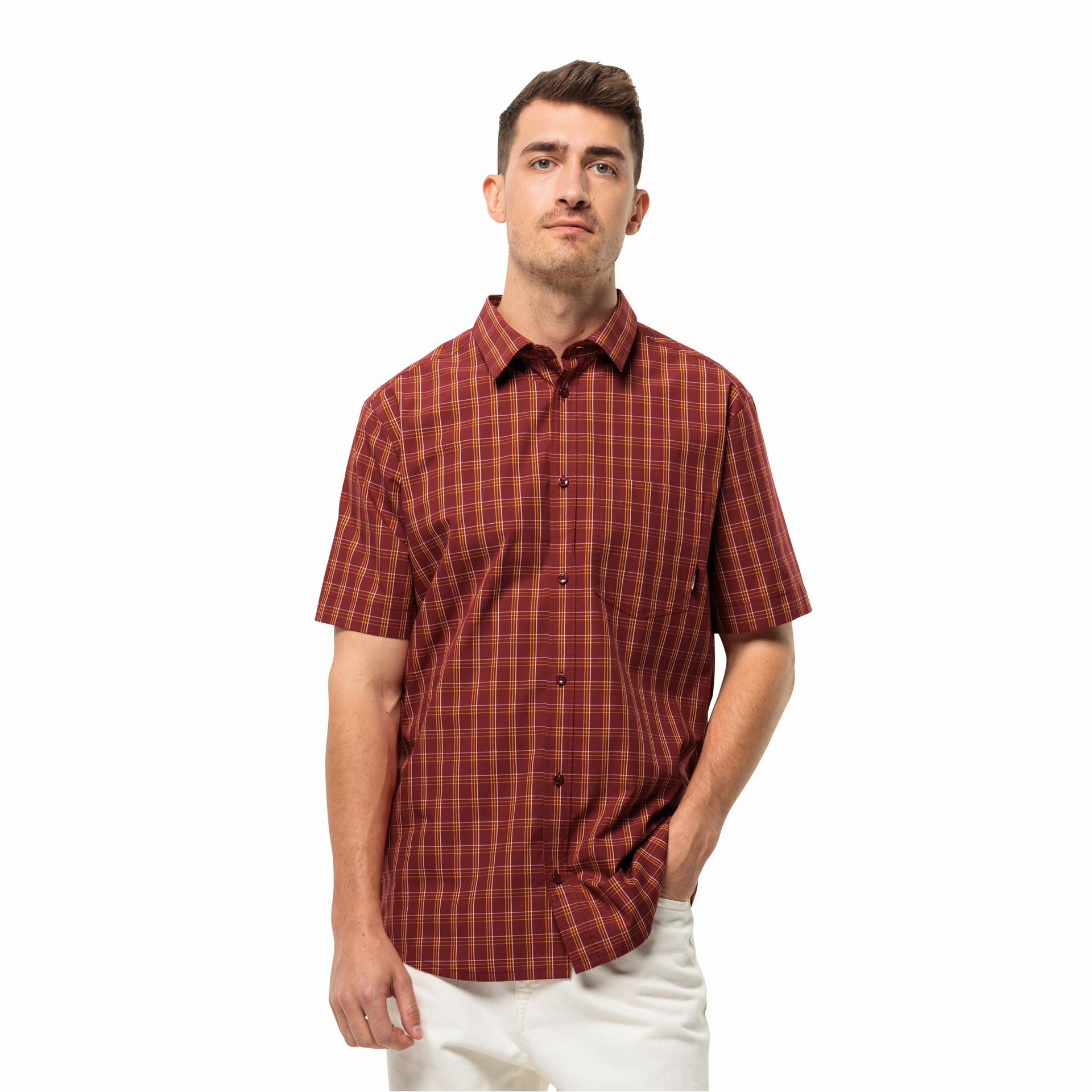 Męska koszula z krótkim rękawem Jack Wolfskin HOT SPRINGS SHIRT M deep ruby check - XXL