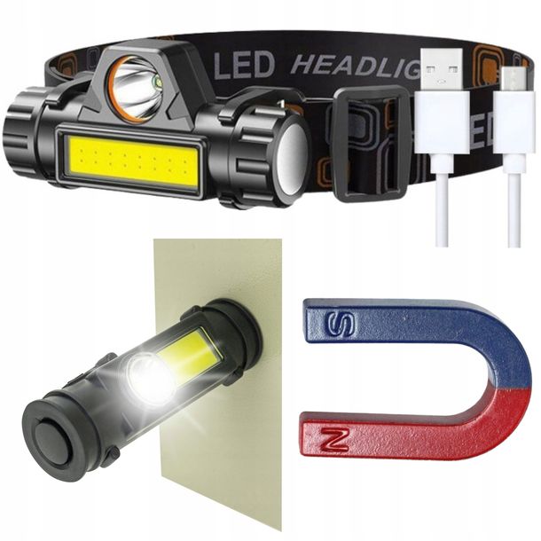 LATARKA CZOŁOWA LED XPE + COB 3,5W mocna, czołówka reflektor akumulatorowa