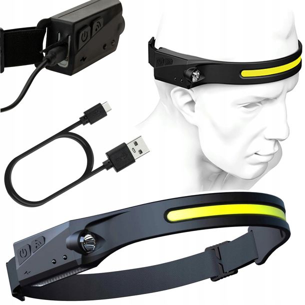 Mocna Latarka Czołowa Led Akumulatorowa Reflektor Na Głowę Cob Usb Czołówka