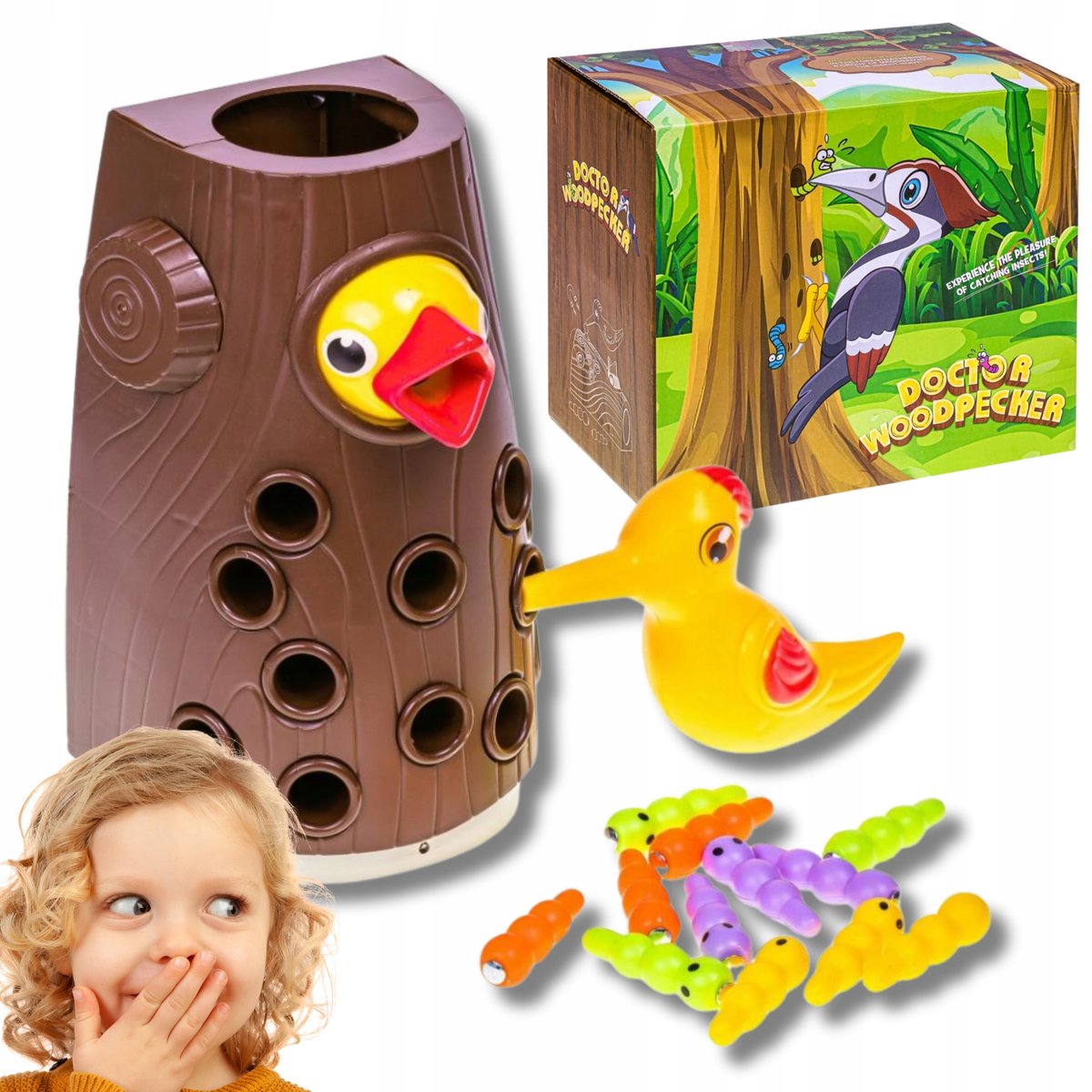 GRA ZRĘCZNOŚCIOWA DZIĘCIOŁ NAKRAM PTASZKA ZŁAP ROBACZKA MAGNETYCZNA 12ROBAK