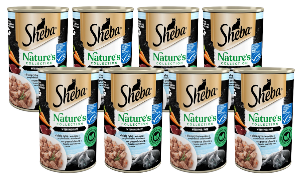 SHEBA puszka 12x400g Nature's Collection – mokra pełnoporcjowa karma dla dorosłych kotów, z białą rybą i wątróbką z przybraniem z marchewki, w terynie