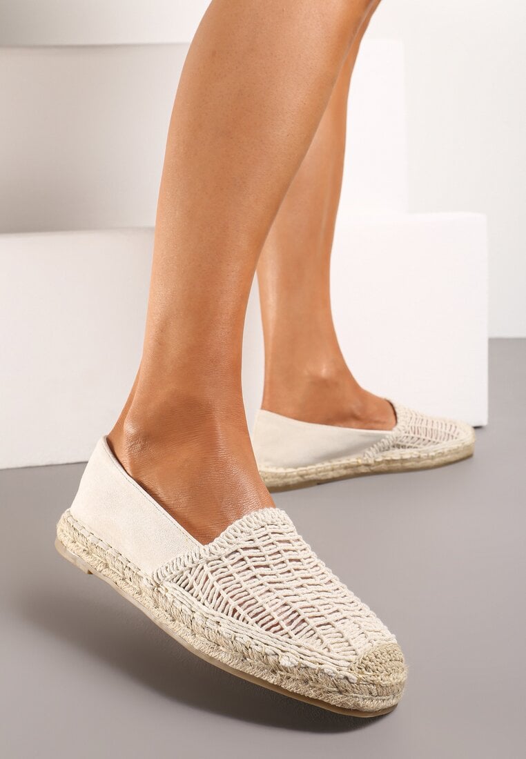 Beżowe Płaskie Espadryle z Ekozamszu Ozdobione Jutą Lemiala