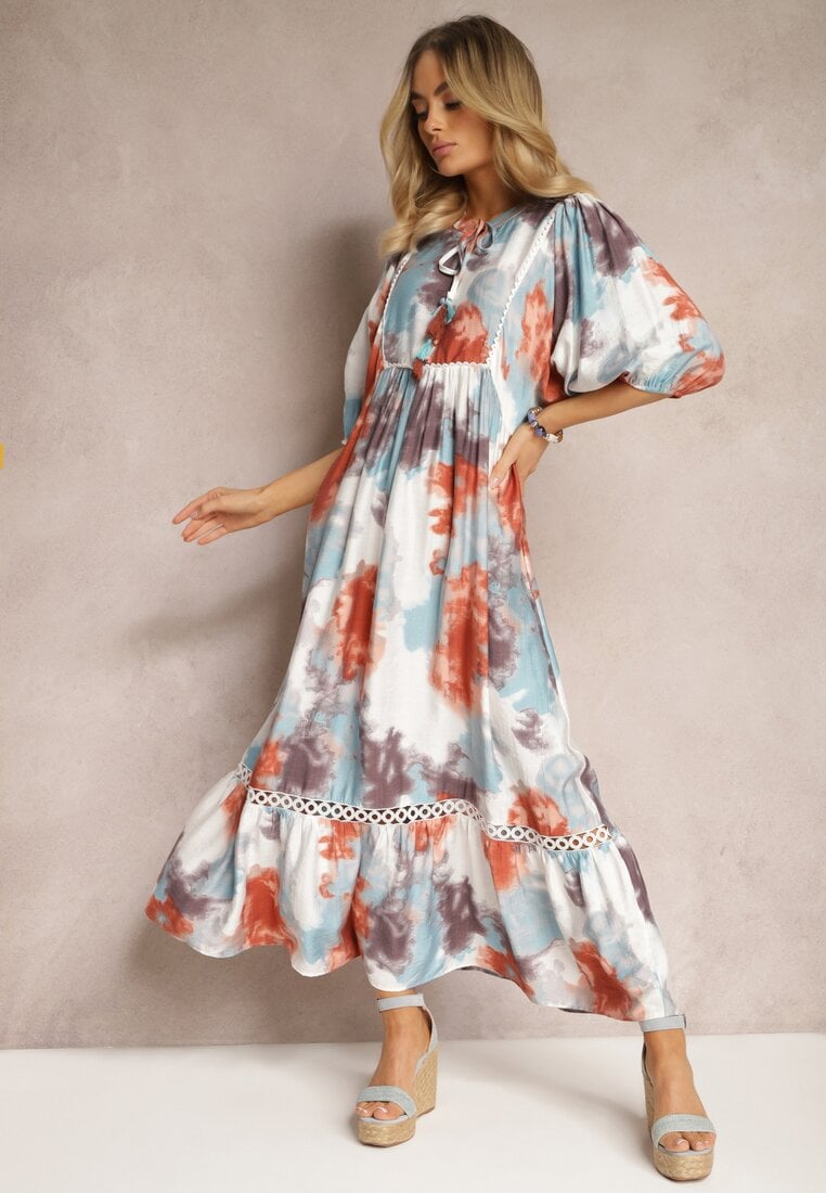 Różowa Sukienka w Stylu Boho z Krótkim Rękawem z Falbanką i Rękawem 3/4 Valendra