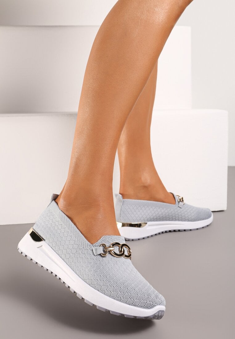 Szare Wsuwane Tenisówki w Stylu Mokasynów Ozdobione Klamrą Wiatalia