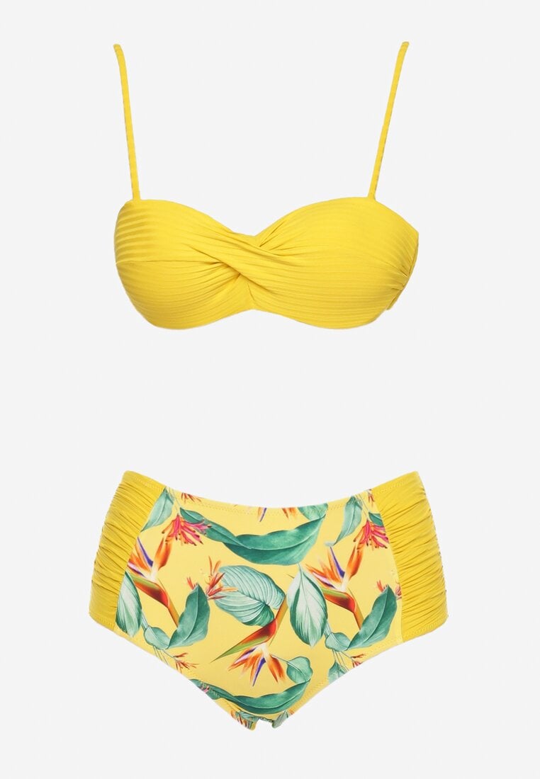 Żółte Bikini Gładki Biustonosz i Wzorzyste Wysokie Figi Ortella