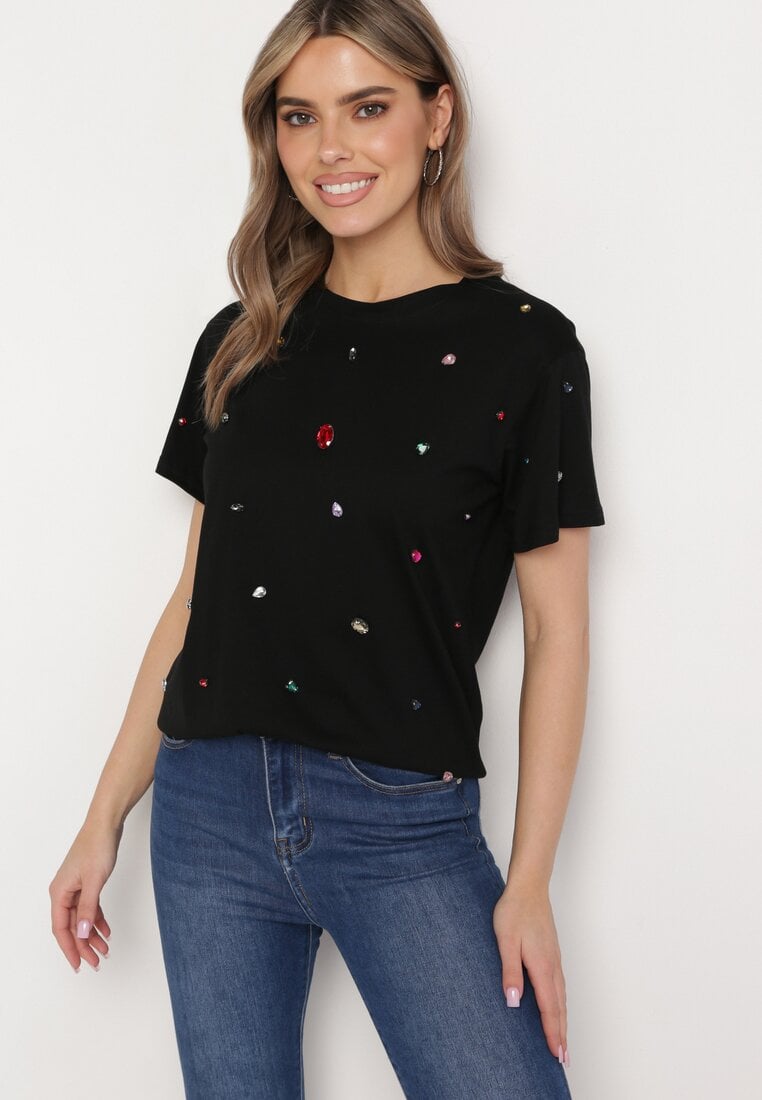 Czarny T-shirt Ozdobiony Kolorowymi Cyrkoniami Wiadea