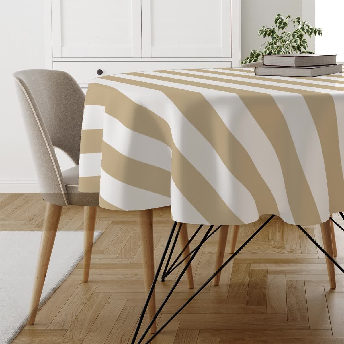 Obrus okrągły SUMMER wzór SM20 | pasy beżowe średnica 140 cm