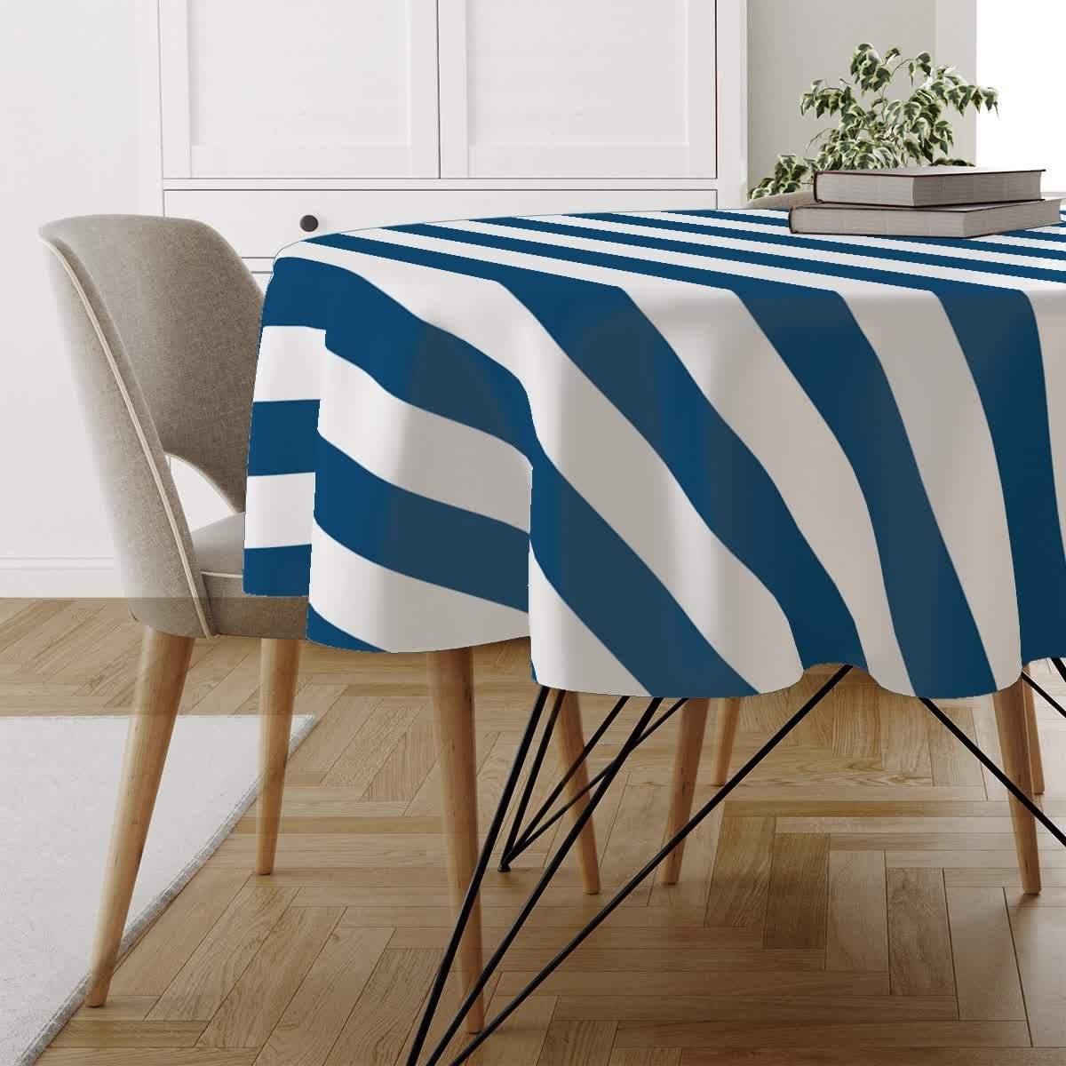 Obrus okrągły SUMMER wzór SM21 | pasy granatowe średnica 100 cm