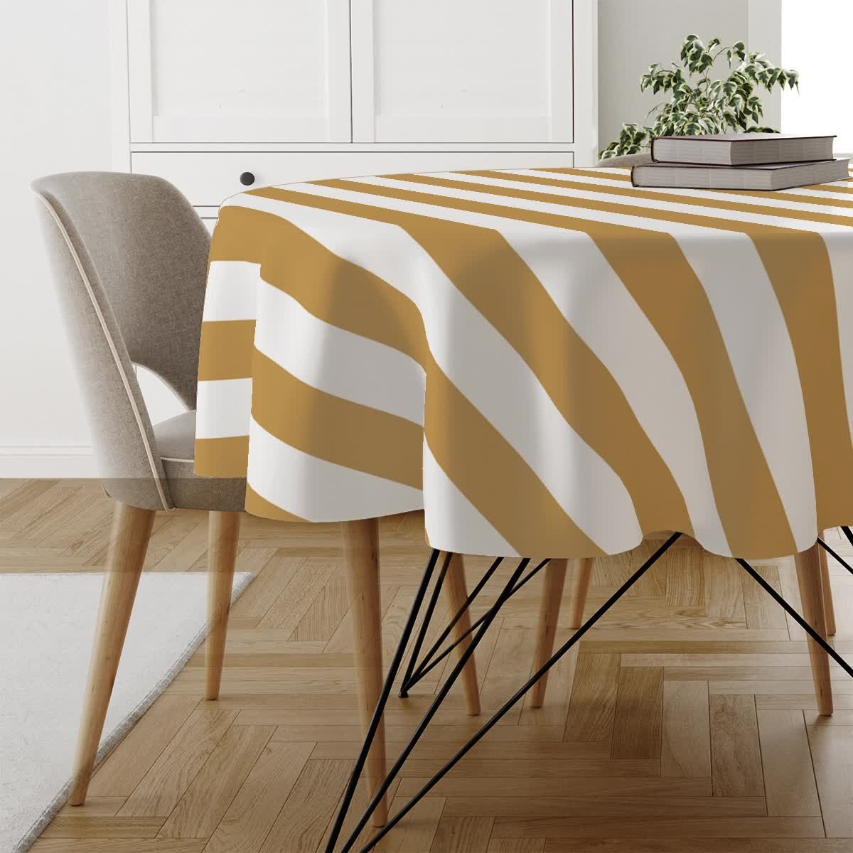 Obrus okrągły SUMMER wzór SM22 | pasy musztardowe średnica 120 cm