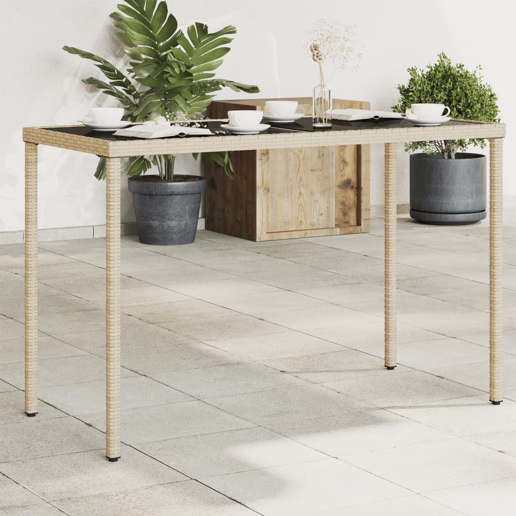 vidaXL Stół ogrodowy ze szklanym blatem, beż, 115x54x74 cm, rattan PE