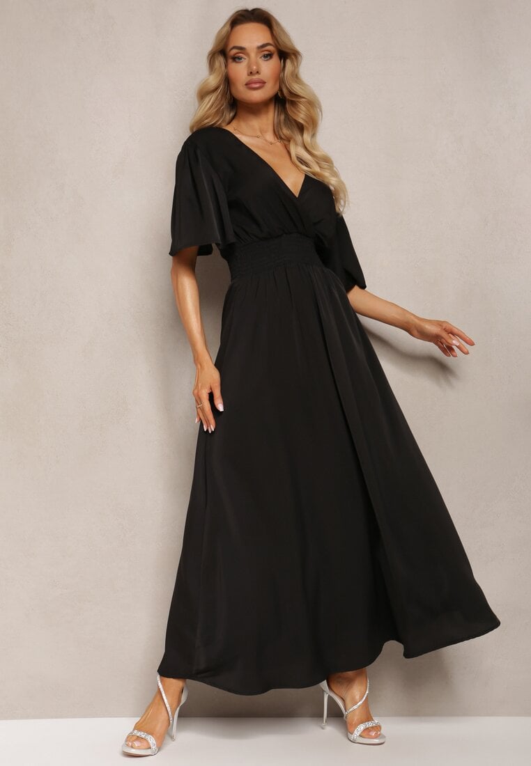 Czarna Sukienka z Luźnymi Rękawami Wiązaniem z Wycięciem na Plecach i Gumką w Talii Valenta