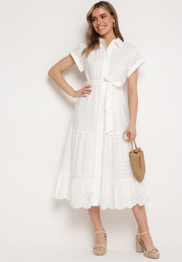 Biała Sukienka Bawełniana z Ażurowym Wzorem i Wiązanym Paskiem Kelilena