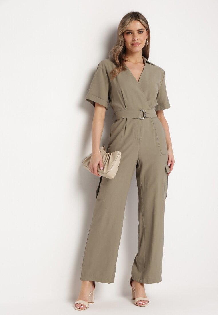 Ciemnozielony Kombinezon Utility z Kopertowym Dekoltem Paskiem i Szerokimi Kieszeniami Pallilena