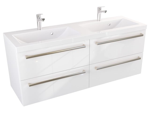 Szafka Wisząca Z Umywalką ATH 120 cm DUO - Biały Wysoki Połysk - Uchwyty Stal Szczotkowana