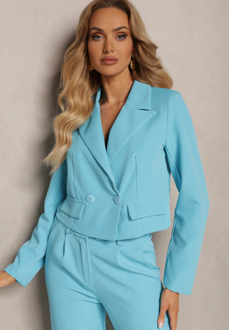 Niebieska Dwurzędowa Marynarka o Krótkim Kroju z Imitacjami Kieszeni Anavipa