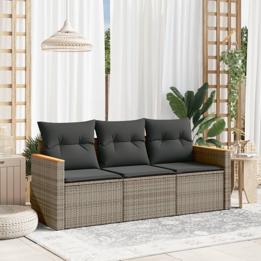 vidaXL 3-częściowa sofa do ogrodu, z poduszkami, szara, polirattanowa