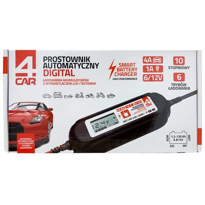 4Car Prostownik automatyczny (10 stopniowy) 6/12V 4A DIGITAL z testerem 