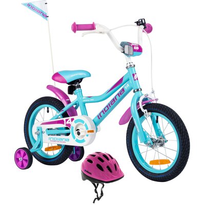Rower dziecięcy INDIANA Roxy Kid 14 cali dla dziewczynki Turkusowy + Kask rowerowy VÖGEL VKA-920G Różowy dla Dzieci (rozmiar XS)