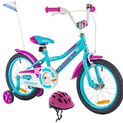 Rower dziecięcy INDIANA Roxy Kid 16 cali dla dziewczynki Turkusowy + Kask rowerowy VÖGEL VKA-920G Różowy dla Dzieci (rozmiar XS)
