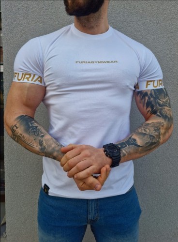 Koszulka męska biała złota taśma Gym Wear Furia