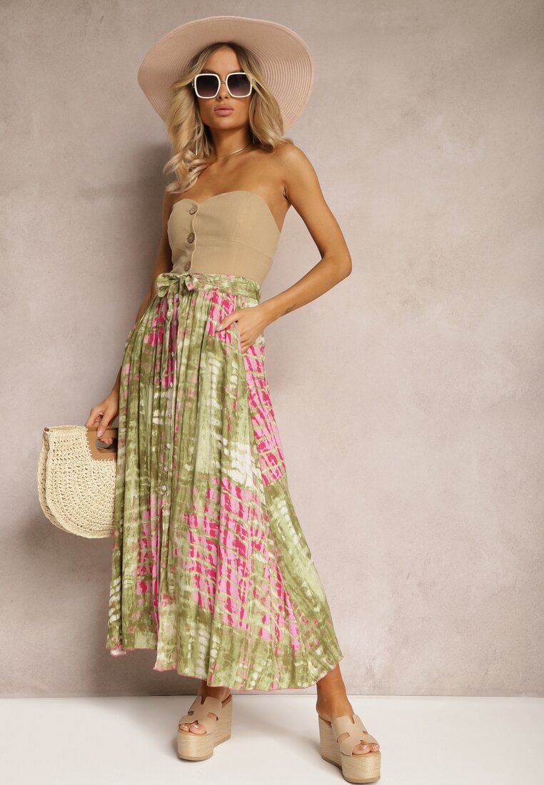 Zielona Rozkloszowana Spódnica z Wiskozy z Nieodpinanymi Ozdobnymi Guzikami Zafina