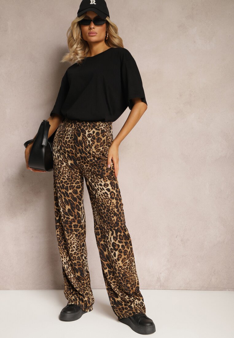 Beżowe Spodnie Panterkowe z Szerokimi Nogawkami High Waist z Zapięciem z Boku na Suwak Frisalie