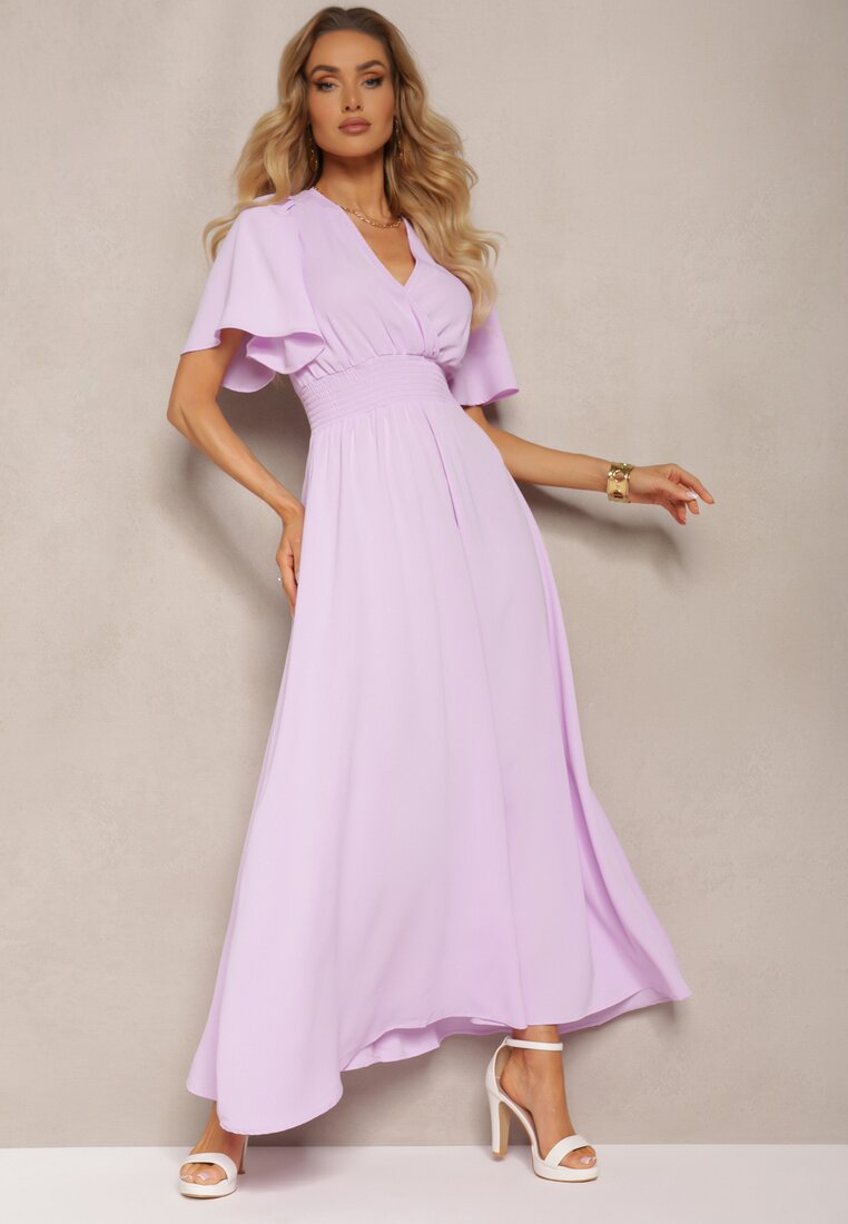 Jasnofioletowa Sukienka z Luźnymi Rękawami Wiązaniem z Wycięciem na Plecach i Gumką w Talii Valenta