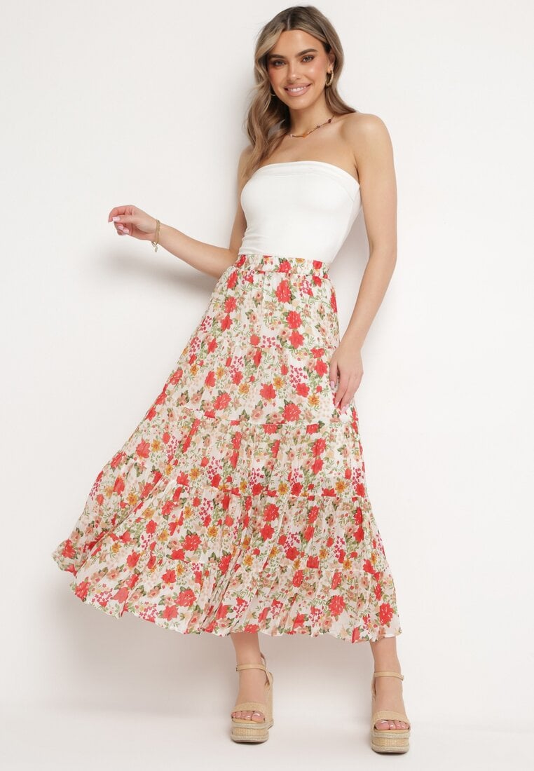 Biała Rozkloszowana Spódnica z Gumką w Pasie i Falbanką Peritellia