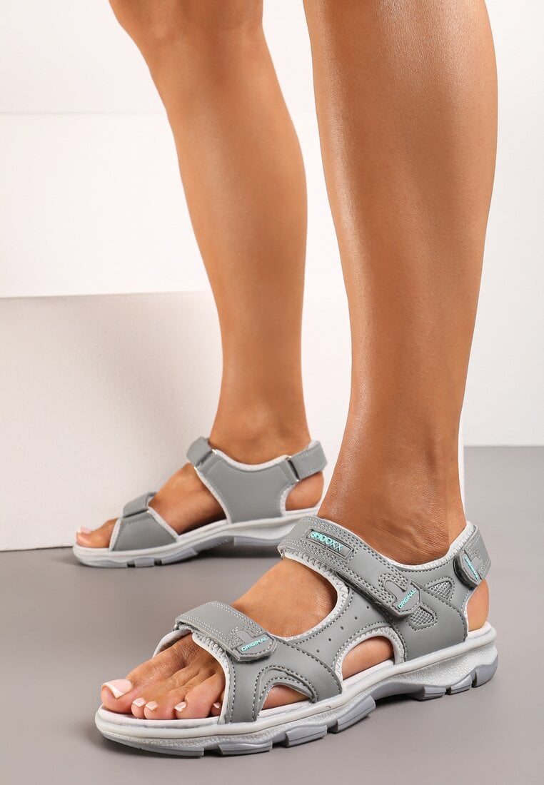 Szaro-Miętowe Sandały Zapinane na Rzepy z Wkładką ze Skóry Naturalnej Tesalise
