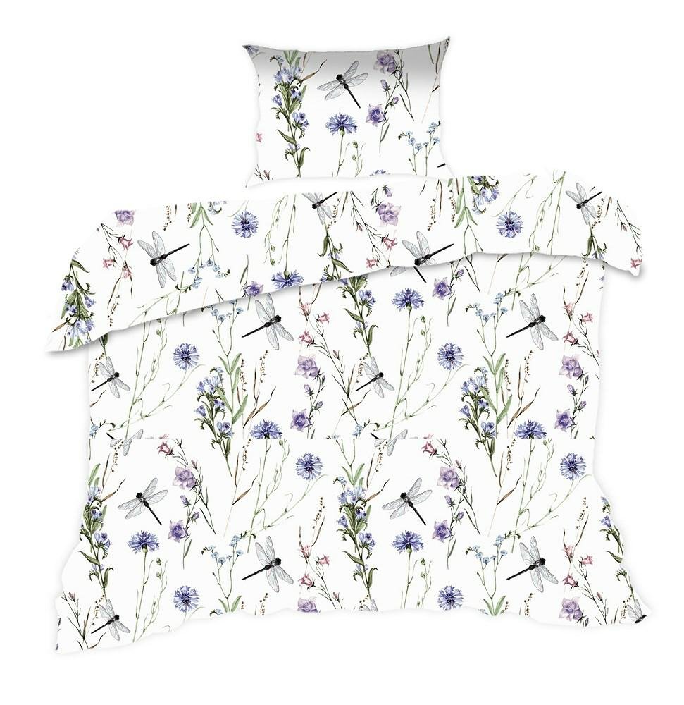 Pościel 140x200 biała kwiatki ważki łąka Classic