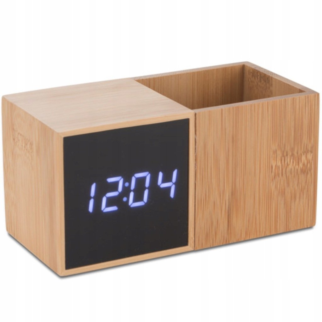 Blue collection, bambusowy przybornik na biurko z zegarem, 2w1