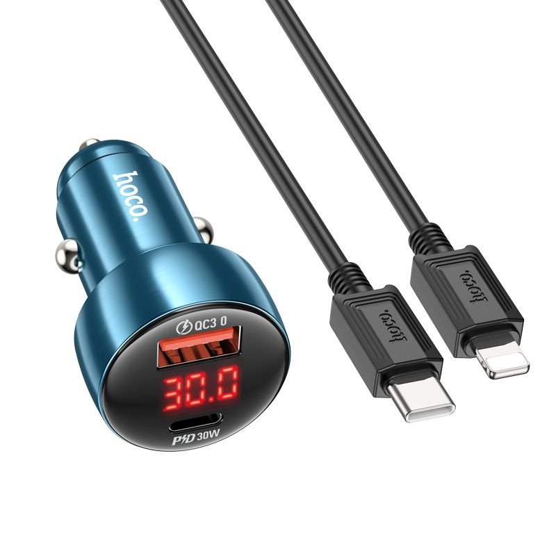 HOCO ładowarka samochodowa USB QC 3.0 + Typ C + kabel Typ C do Apple Lightning 8-pin PD 48W Leader Z50 niebieska